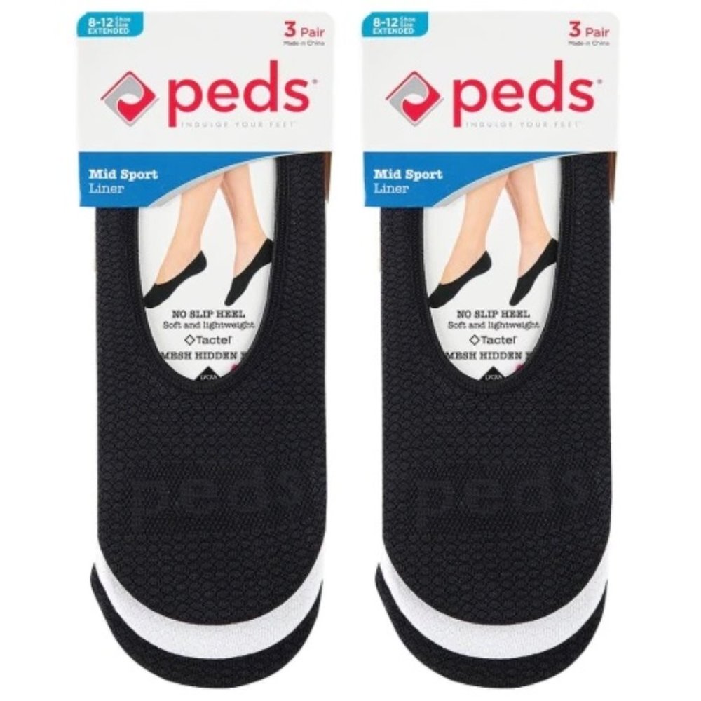 Peds 6-Pair Mid Sport Liner Socks, Black and White, Shoe Size 8-12